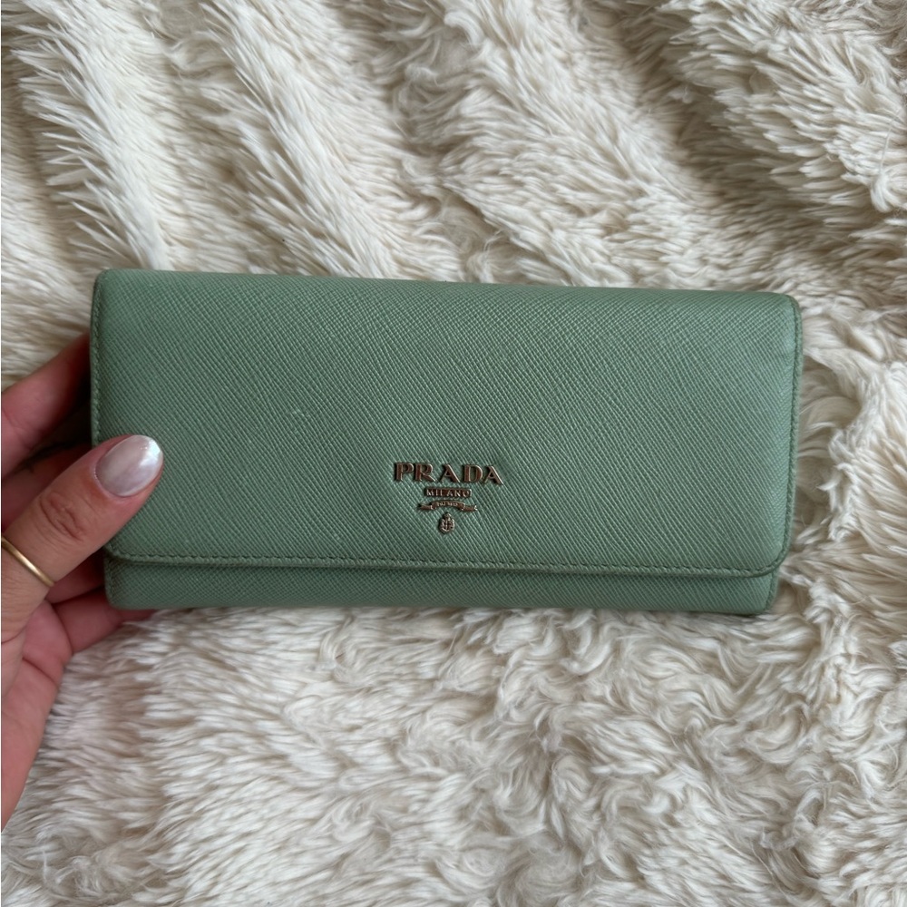 Prada large saffiano leather wallet in teal/aqua